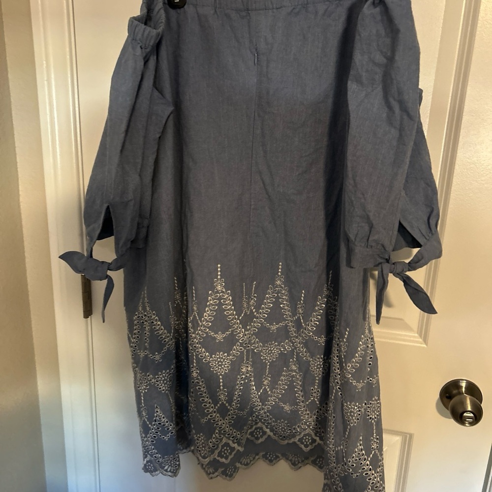 Jessica Howard Size 20 W Off Shoulder Denim Eyelet Dress - Picture 7 of 7